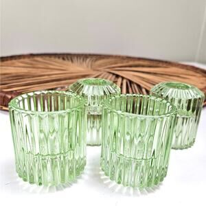 Ribbed Glass Tealight Candlestick Holder‎ Green Set of 4 Decor Wedding Candle